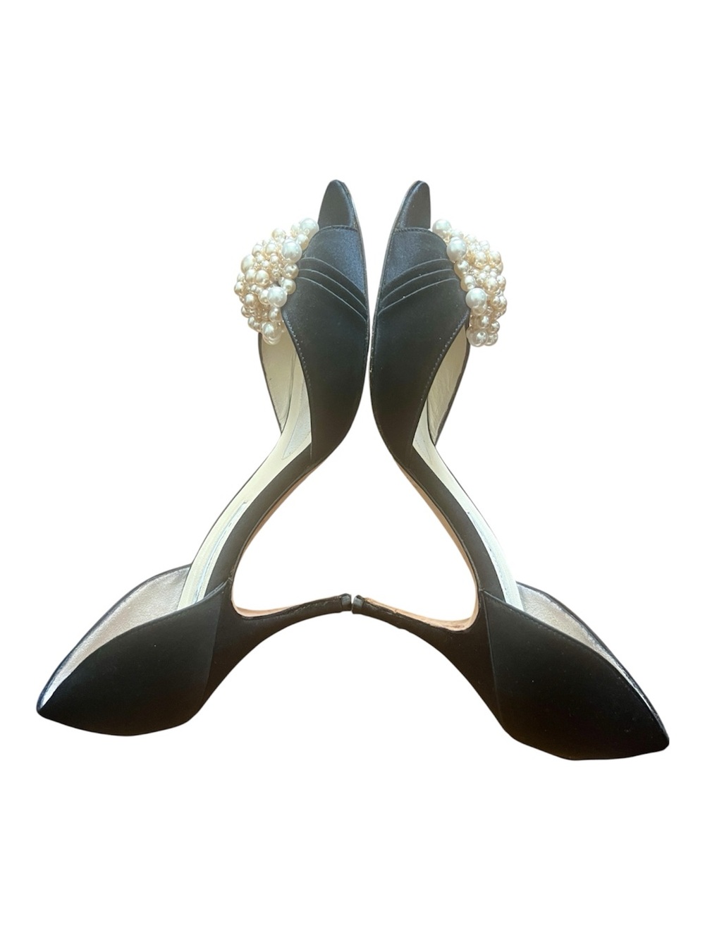 Brian Atwood Blk Satin Peep Toe d'Orsay Pearl Cluster Heels SZ 38 Party Wedding - Picture 5 of 12